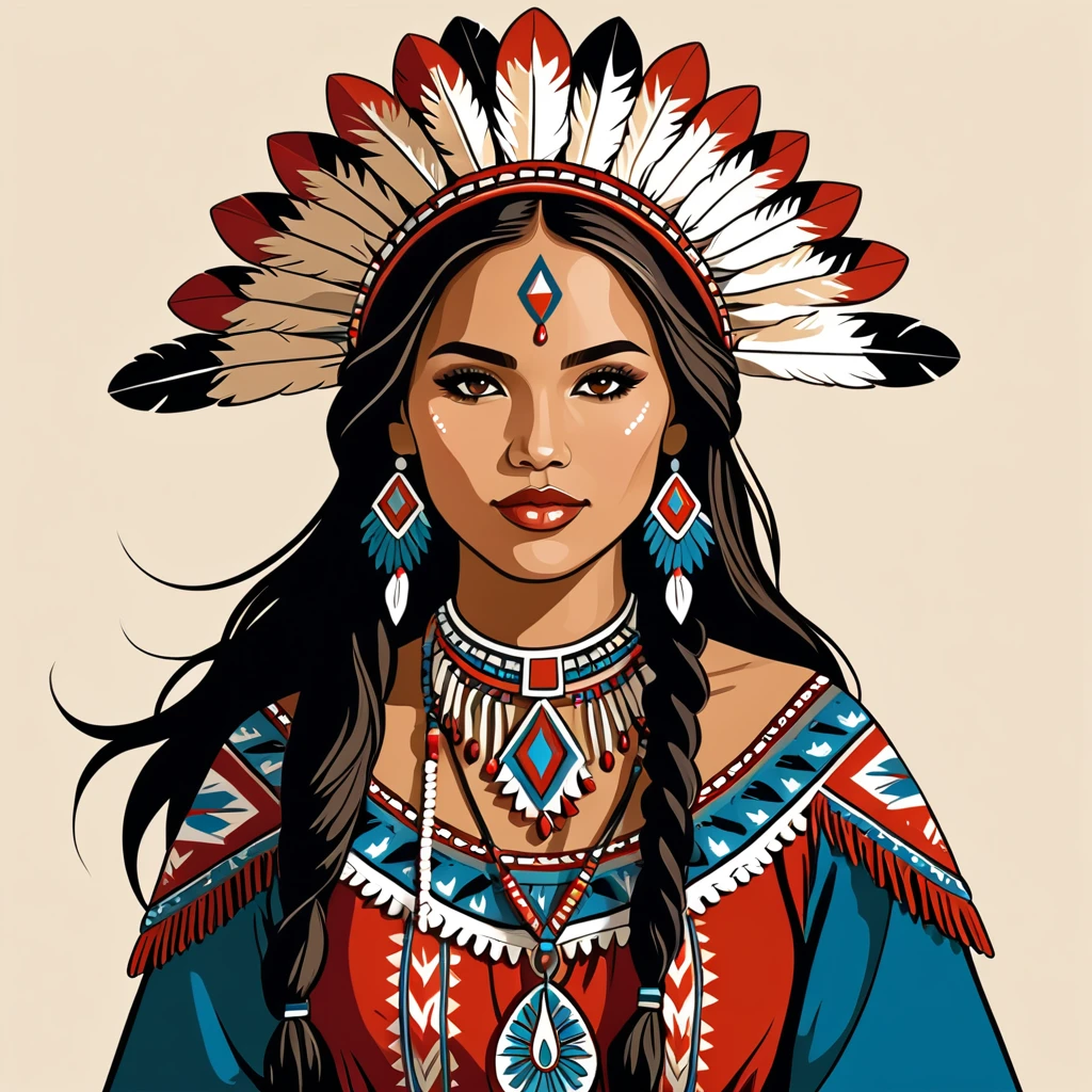female warmage in native american folk outfit ,vector graphics, strong contours, logo design
