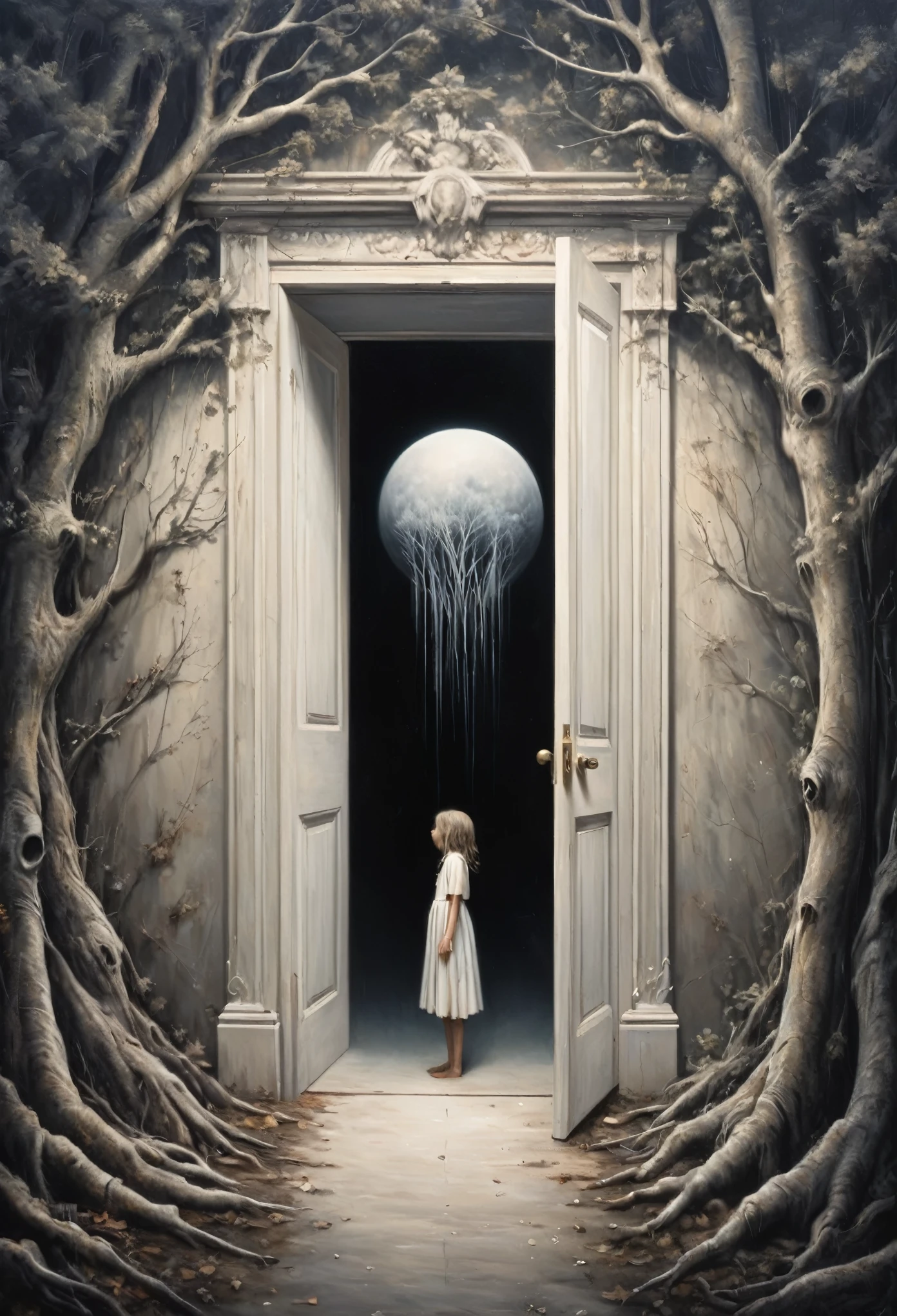 Optical Illusion, a solid white door, 3d painting with painting frame around the door, painting in the wall, white door, undetailed door, hand draw, 3D painting, reality, fantasy art, enhance, intricate, (best quality, masterpiece, Representative work, official art, Professional, 8k) In the trees I knead the roots and only see my parents—but barely see trees here. In the buildings, I only see the windows and am already in love with what they hide—and I only see Her. In the cars, I only see the shadow and these ghosts haunt me. On the sidewalks, I do not see the viable paths you saw when we were together. And yes, in my house, I no longer see you, I do not dream much. In my hand, I do not see yours and I am already unique. In these fingerprints, I only see the typing touching the world. That I only see another randomly the same first moment—and second, and second, and minute, and I pray, and hour, and delay, night falls, day, and without a sister in the family, I am, week, at my mercy, nothing is mine, month, without a master, semester, without a plan, year, year and a half, without a middle, only an instant... and quickly I descend to the decade. In decadence, I soon reach the decade, and so soon I am already twenty years old...