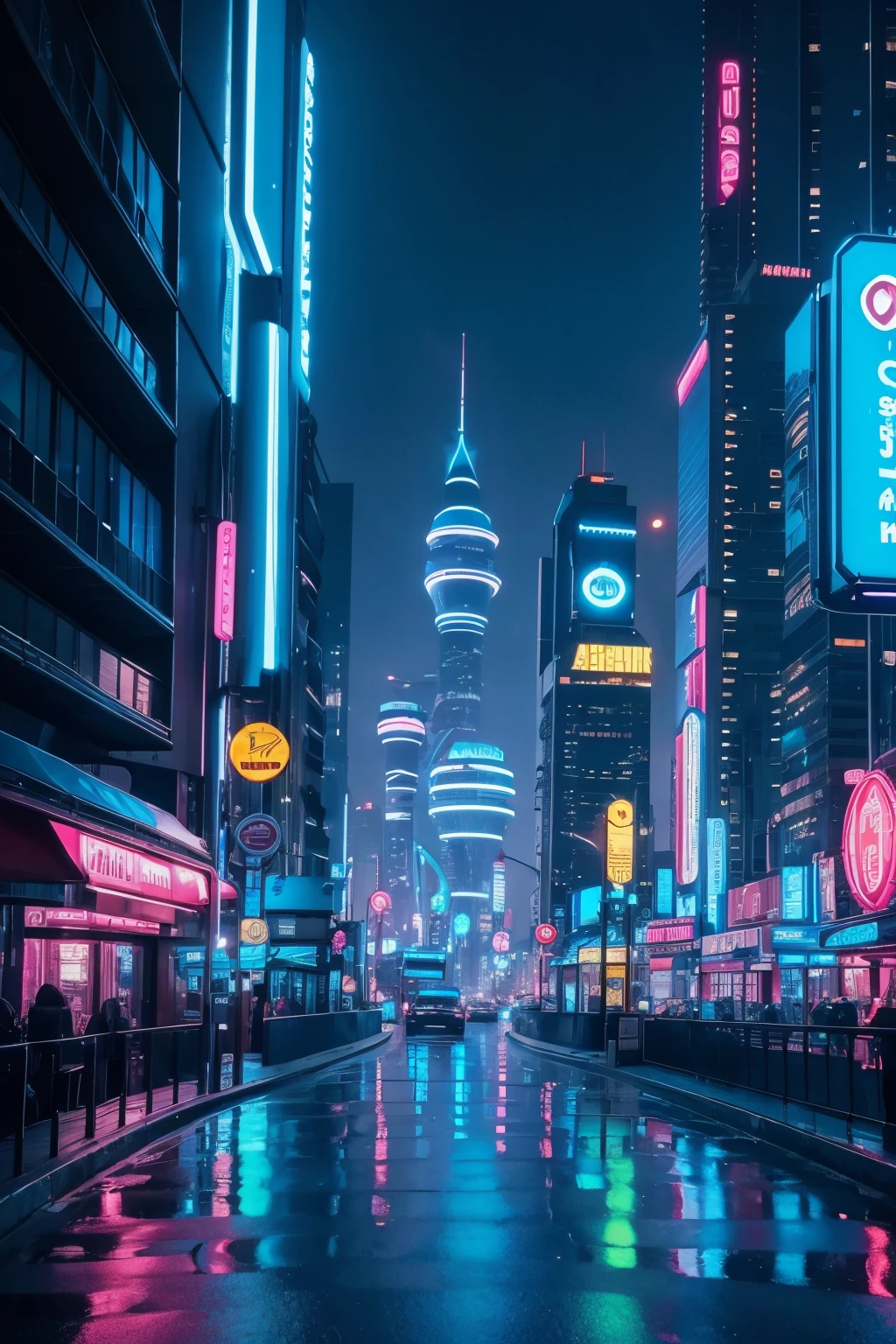 A view of a city street at night with neon signs - SeaArt AI