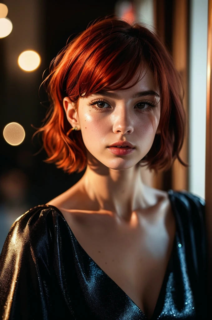 Instagram Photos, French woman, 21 years old, square hair cut,Redhead, Girevest, Glitter、Neckline, pale, Sharp Shadow