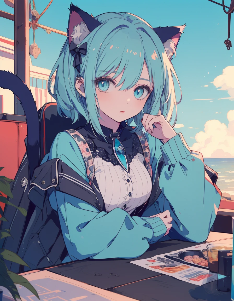 punk rock, midnight, full body, ((masterpiece, best quality:1.5)), ((Beautiful detailed cat aqua eyes:1.2)), cat ears, pale skin, medium breasts, beautiful hands, beautiful fingers, EasyNegative