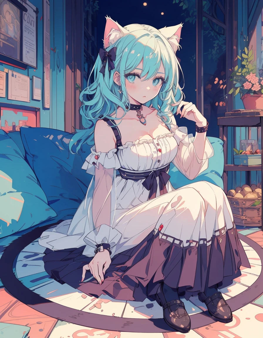 punk rock, midnight, full body, ((masterpiece, best quality:1.5)), ((Beautiful detailed cat aqua eyes:1.2)), cat ears, pale skin, medium breasts, beautiful hands, beautiful fingers, EasyNegative