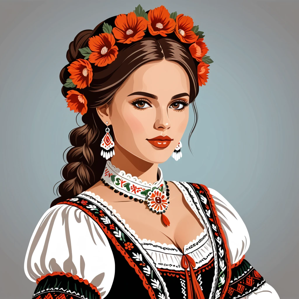 hungarian woman in folk outfit, vector graphics, strong contours