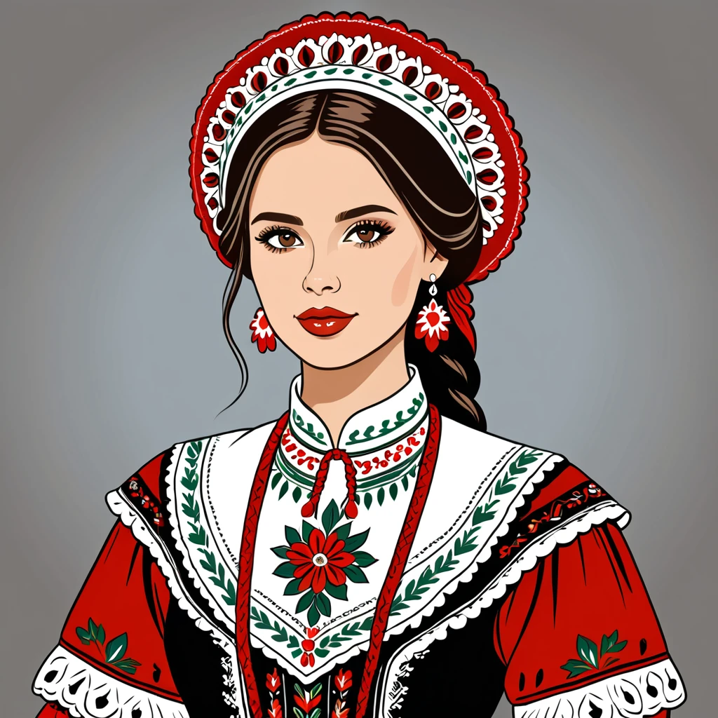 hungarian woman in folk outfit, vector graphics, strong contours