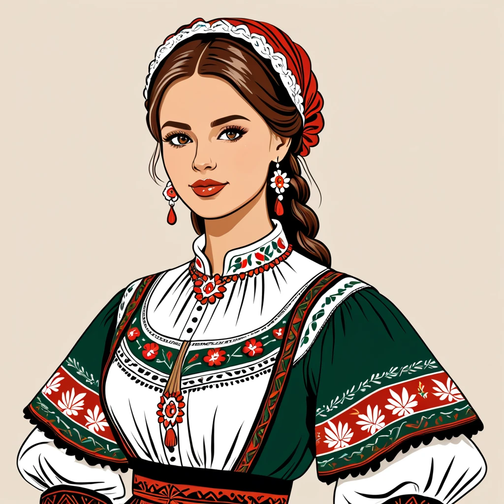 hungarian woman in folk outfit, vector graphics, strong contours