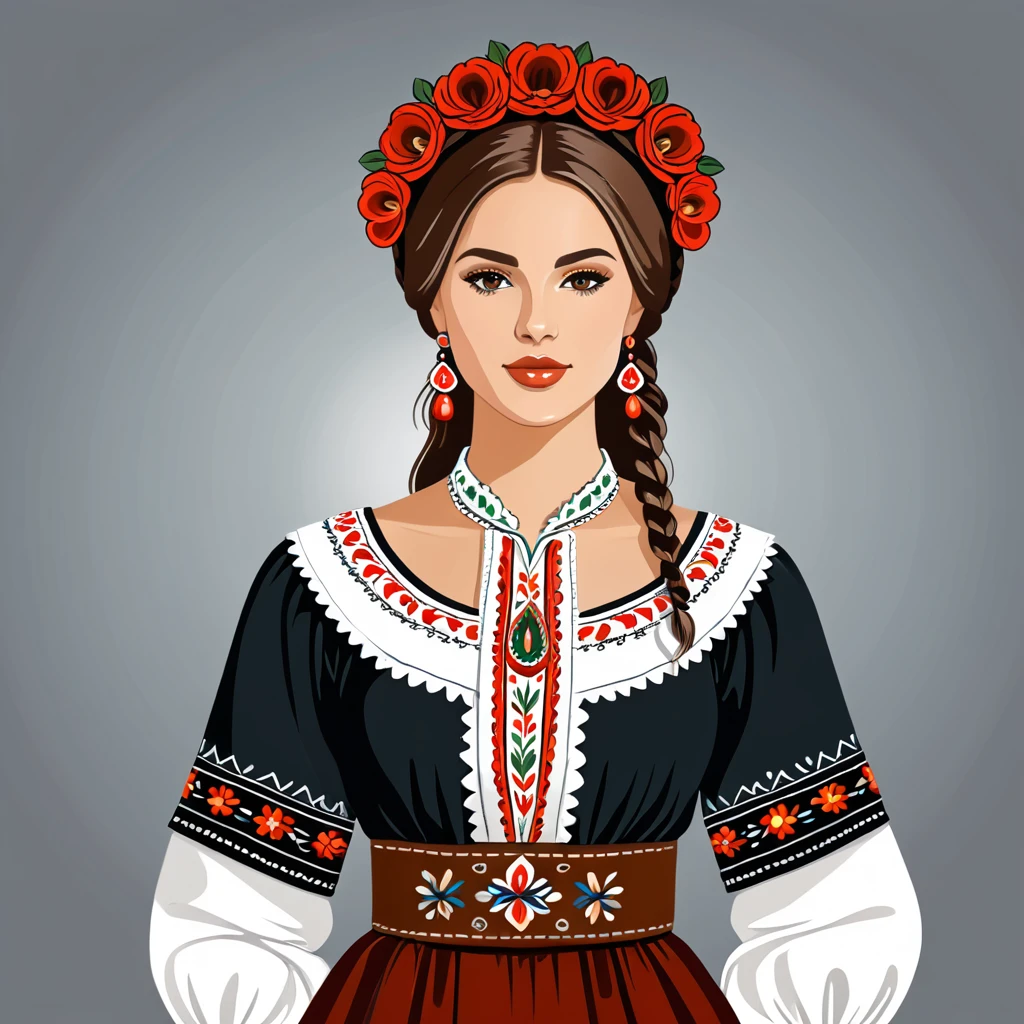 hungarian woman in folk outfit, vector graphics, strong contours
