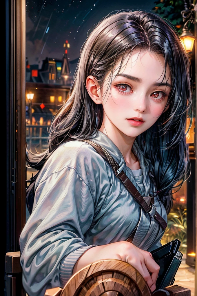 a rural village, young girl walking down a street, high school students in the background, girl with black hair and long hair, red eyes, smart and cool expression, lively atmosphere, best quality, 4k, 8k, highres, masterpiece:1.2, ultra-detailed, realistic, photorealistic, photo-realistic:1.37, HDR, UHD, studio lighting, ultra-fine painting, sharp focus, physically-based rendering, extreme detail description, professional, vivid colors, bokeh, portrait, photography