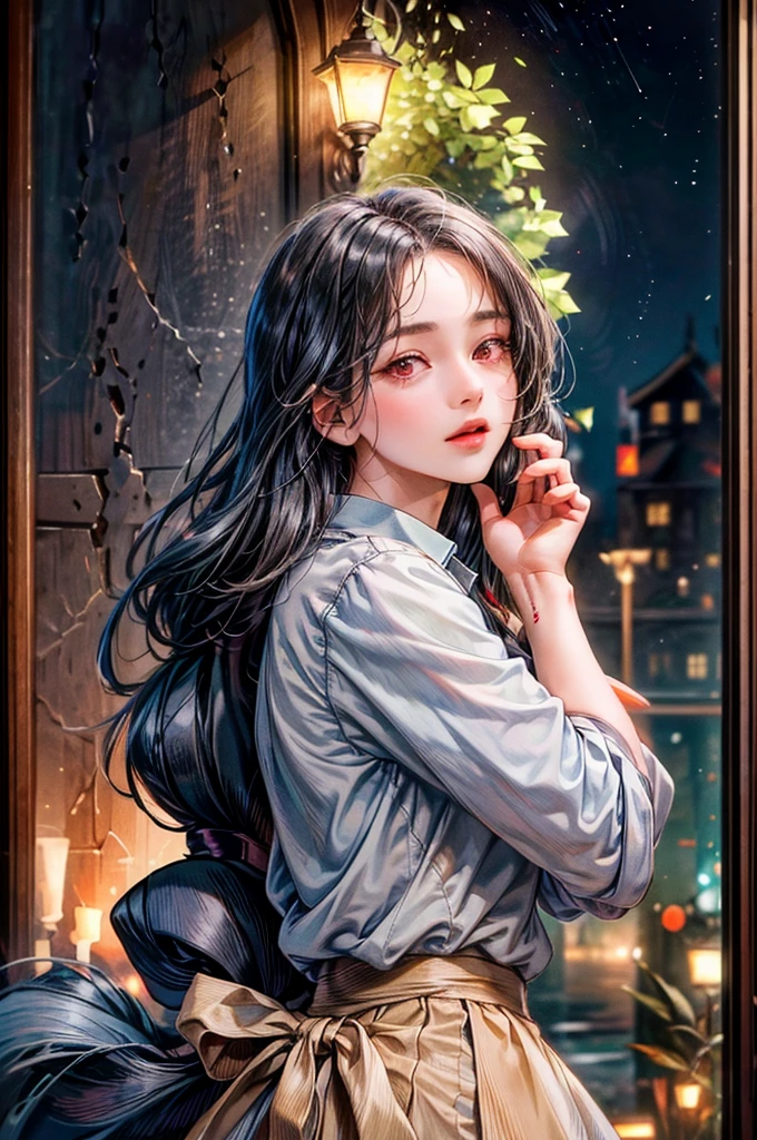a rural village, young girl walking down a street, high school students in the background, girl with black hair and long hair, red eyes, smart and cool expression, lively atmosphere, best quality, 4k, 8k, highres, masterpiece:1.2, ultra-detailed, realistic, photorealistic, photo-realistic:1.37, HDR, UHD, studio lighting, ultra-fine painting, sharp focus, physically-based rendering, extreme detail description, professional, vivid colors, bokeh, portrait, photography