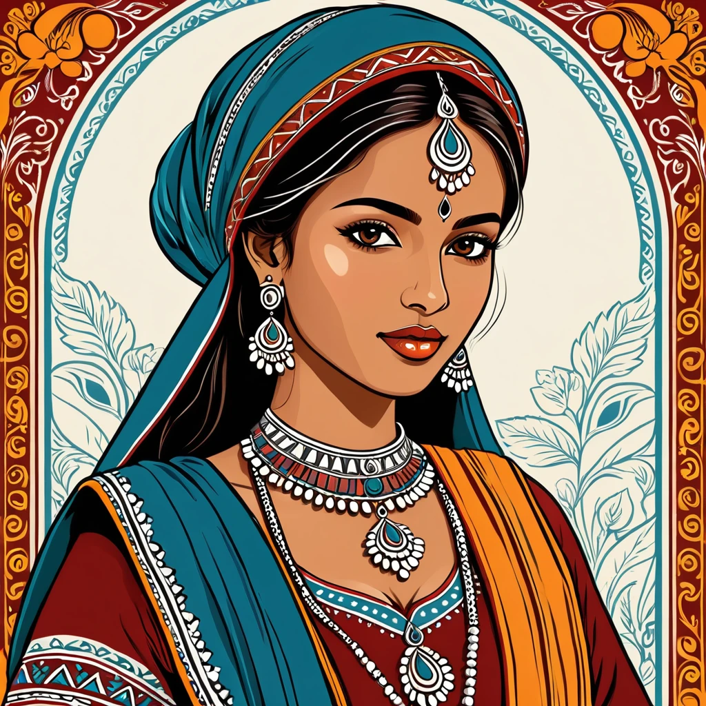 indian woman in folk outfit, vector graphics, strong contours