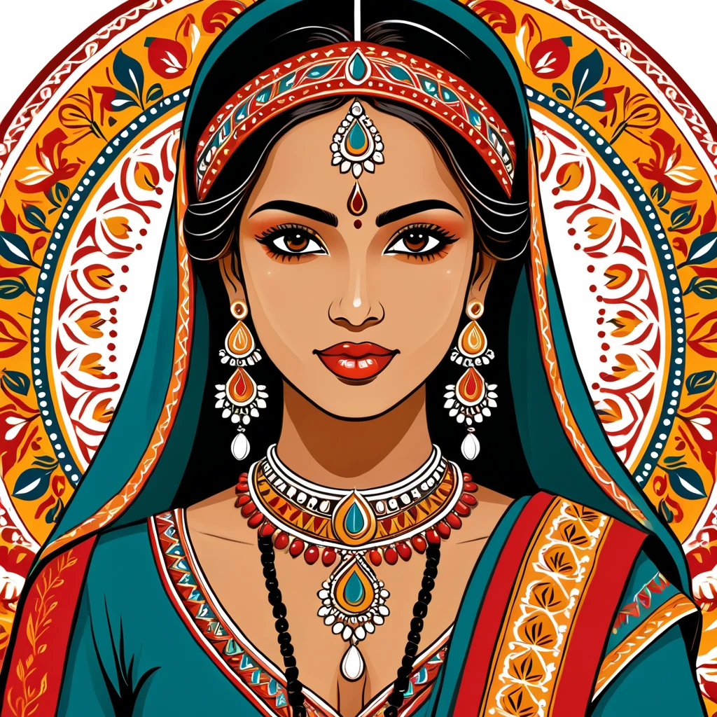indian woman in folk outfit, vector graphics, strong contours