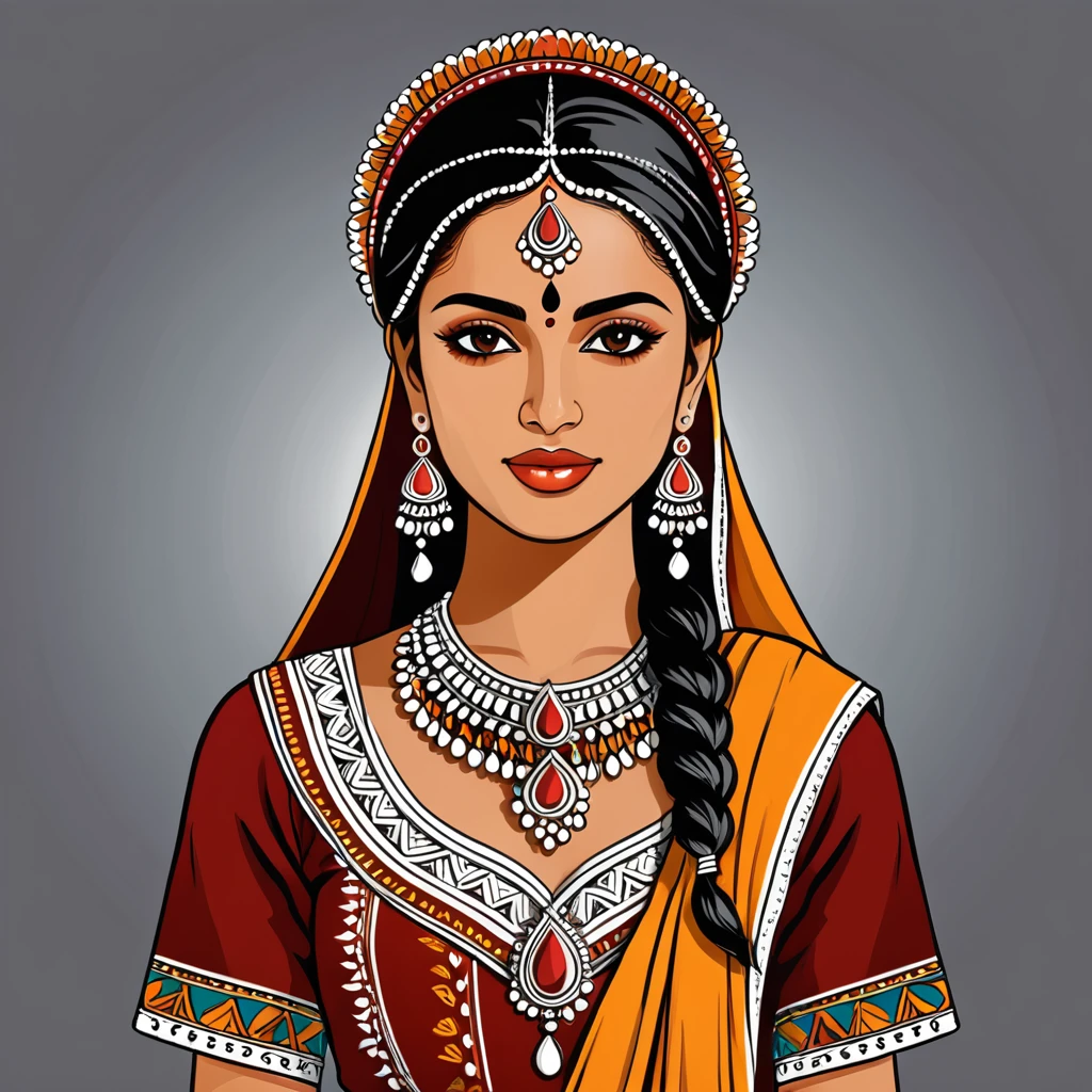 indian woman in folk outfit, vector graphics, strong contours