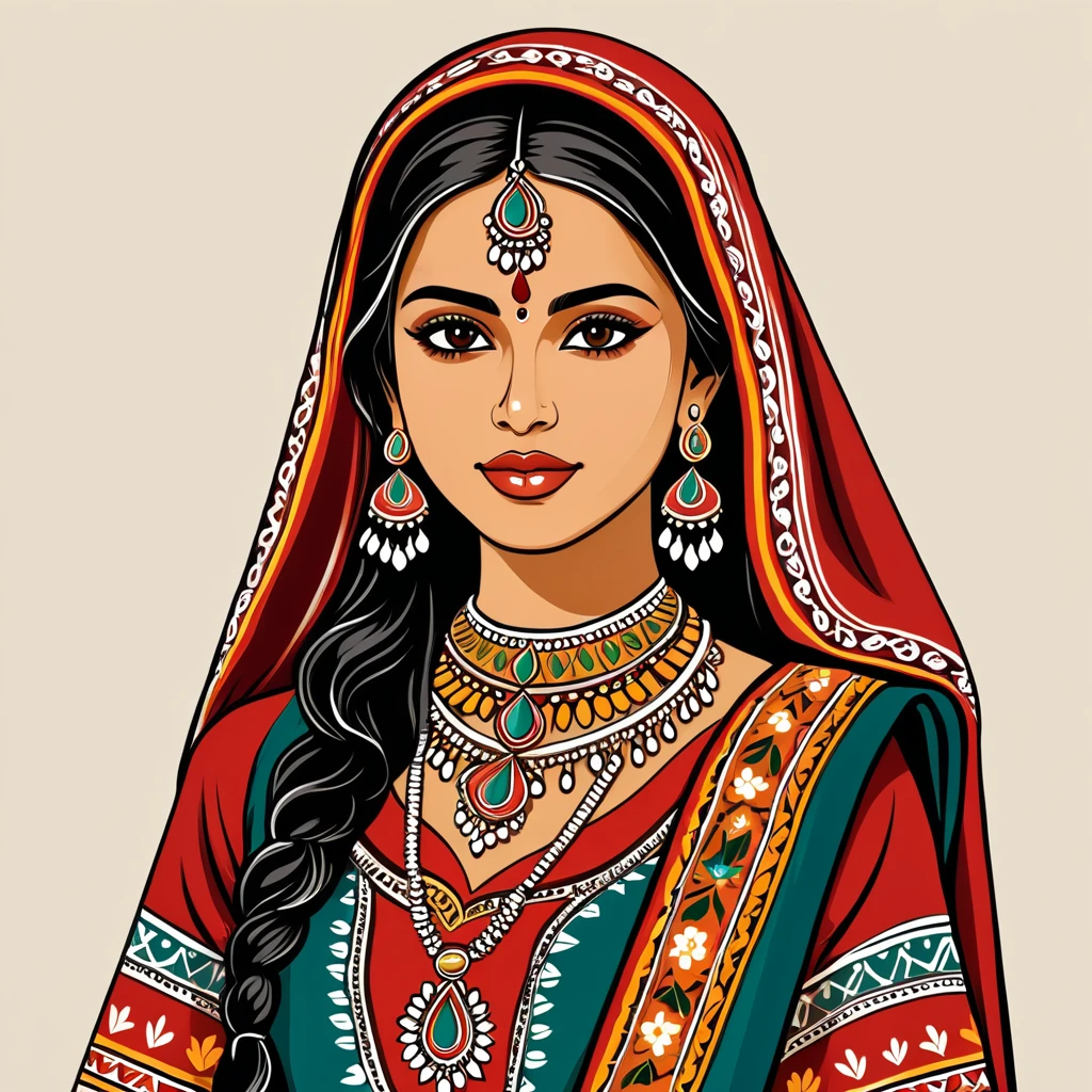 indian woman in folk outfit, vector graphics, strong contours
