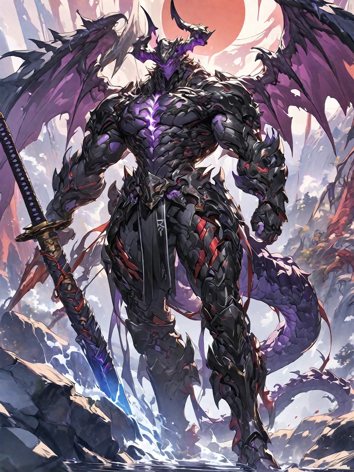 Best quality 8K resolution, Highly detailed, Digital Painting, Concept art, of the highest quality, One, beautiful face, 1 man, adult man, with a sporty body, V-shaped body, black detailed armor with glowing purple details, black demonic horns, with large and long dragon wings, short hair, black hair, purple with red tones reptile eyes, a man has a huge and long katana in his hand, Against the background of war