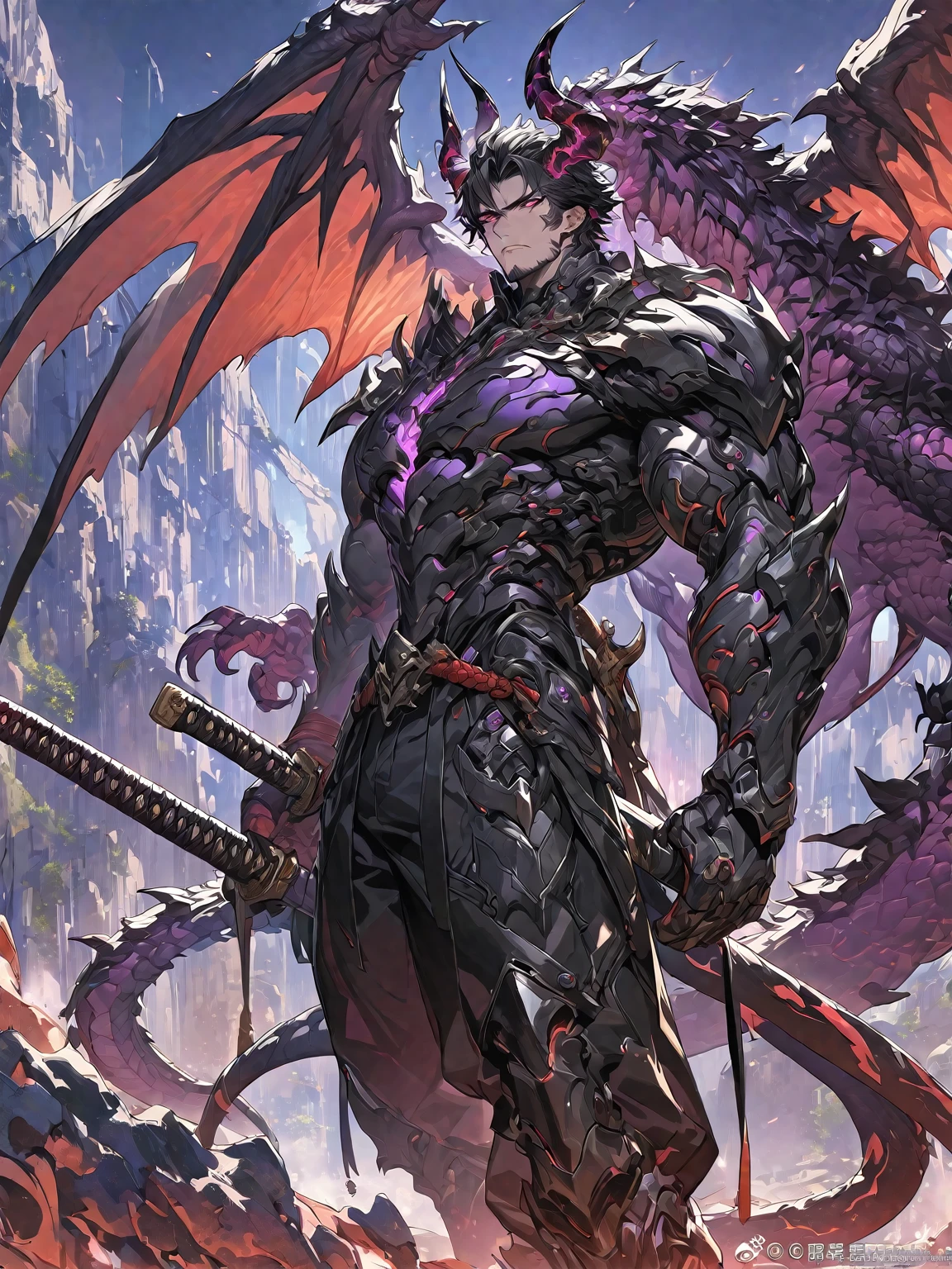 Best quality 8K resolution, Highly detailed, Digital Painting, Concept art, of the highest quality, One, beautiful face, 1 man, adult man, with a sporty body, V-shaped body, black detailed armor with glowing purple details, black demonic horns, with large and long dragon wings, short hair, black hair, purple with red tones reptile eyes, a man has a huge and long katana in his hand, Against the background of war
