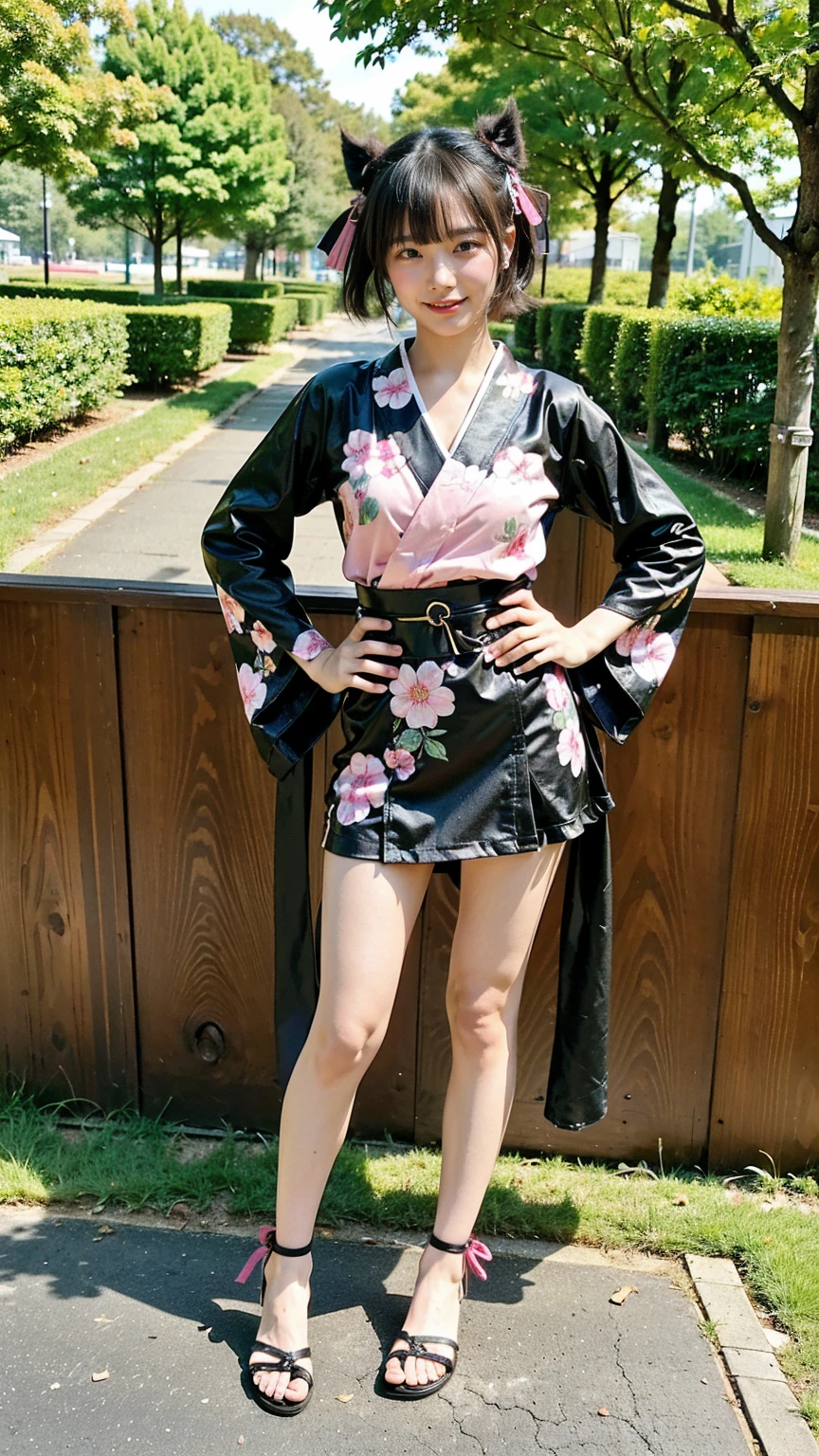 (8K、RAW Photos、Highest quality、masterpiece:1.2)、(Highest quality、Realistic)、1 Girl、((ribbon、Pink and black、smile、Long-sleeved kimono、See-through、Frills、帯にribbon、Medium Hair、Breast enlargement、Short kimono、Floral、mini skirt、Thin legs、whole body、Sandals、garden、View from the front、Looking into the camera、Idol Costume、Stand with hands on hips))、cute