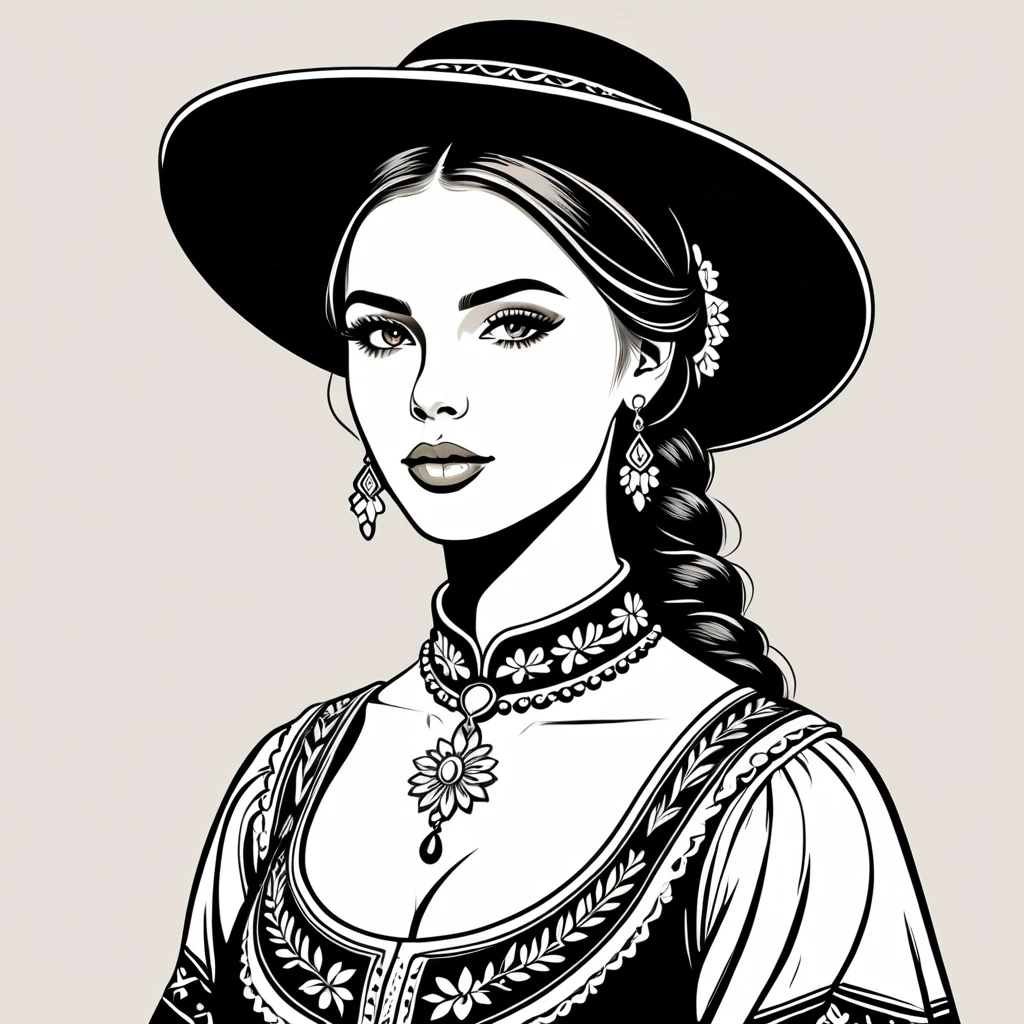 american woman in folk outfit, vector graphics, strong contours
