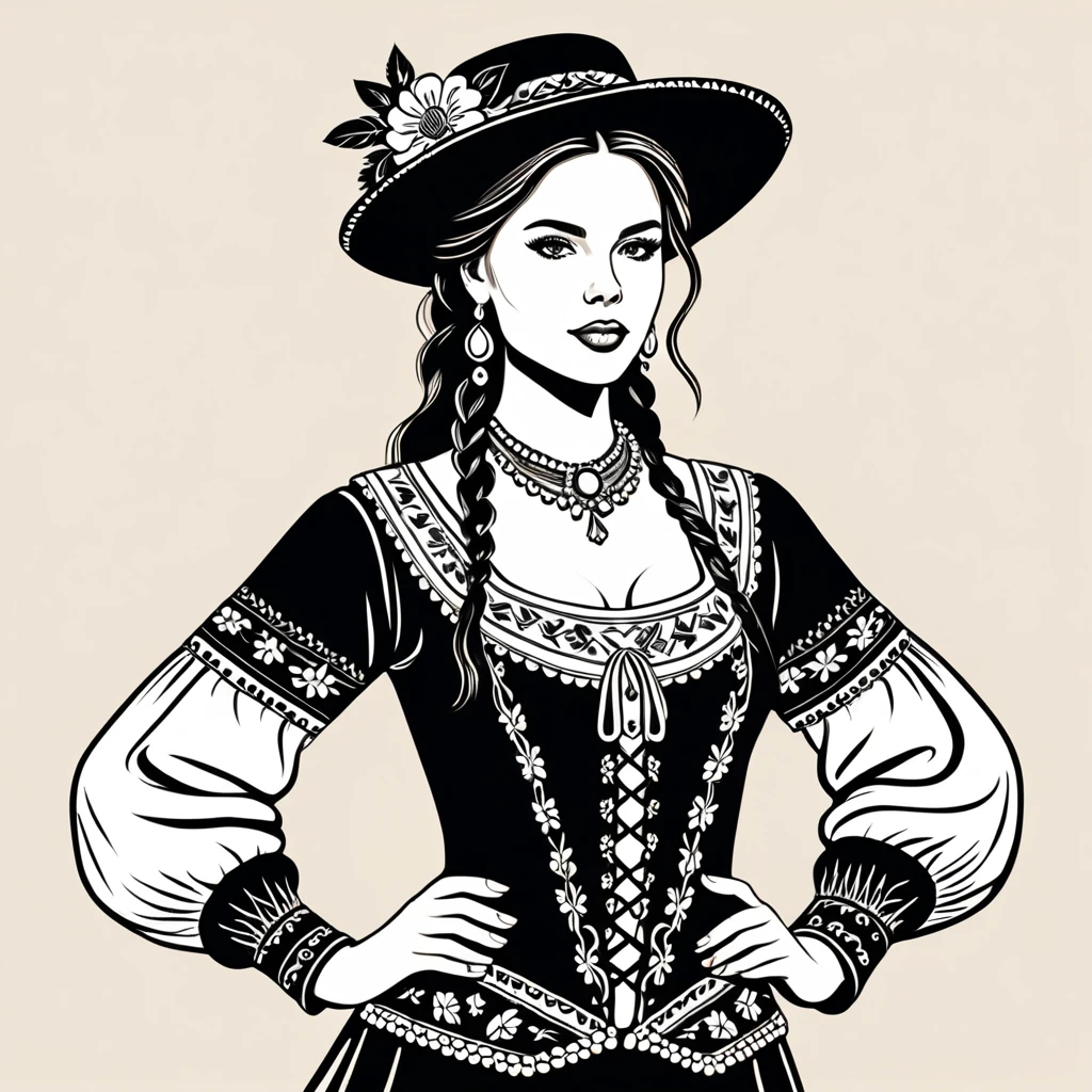 american woman in folk outfit, vector graphics, strong contours