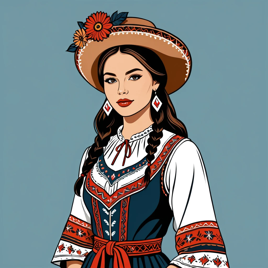 american woman in folk outfit, vector graphics, strong contours
