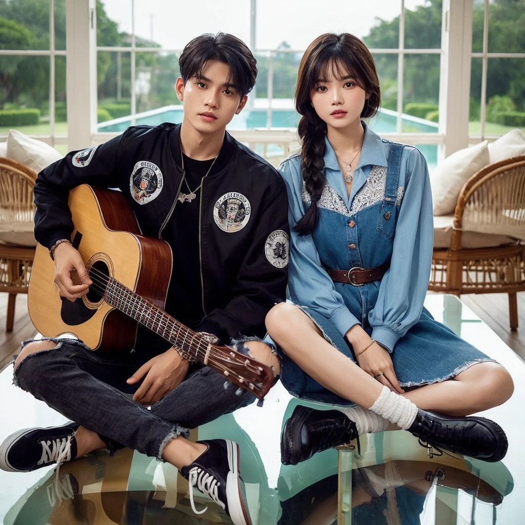 Original photo of an Indonesian couple with clean faces and white skin, the man wears a black emblem bomber shirt ,ripped black jeans , wearing shoes,Women , hair in braids , wearing a blue knee-length blouse dress , wearing shoes, they pose sitting on top of the villa's glass-floored gazebo , man holding a guitar ,they are singing ,with a romantic atmosphere and a sweet smile, HD high-quality photography long shoot,100k