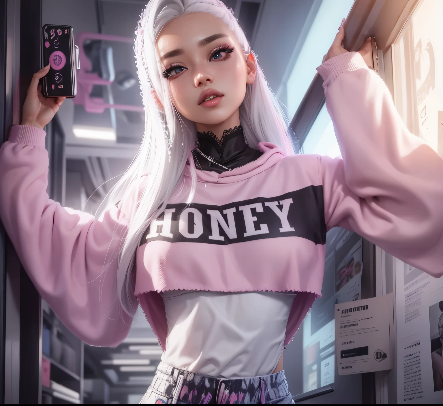VATAR SECOND LIFE Korean girl wearing pink hoodie, Asian, cabelo comprido branco White hair, White hair,, Perfect and detailed face, imvu, maximalist details, AVATAR SECOND LIFE Korean blusa , neon,