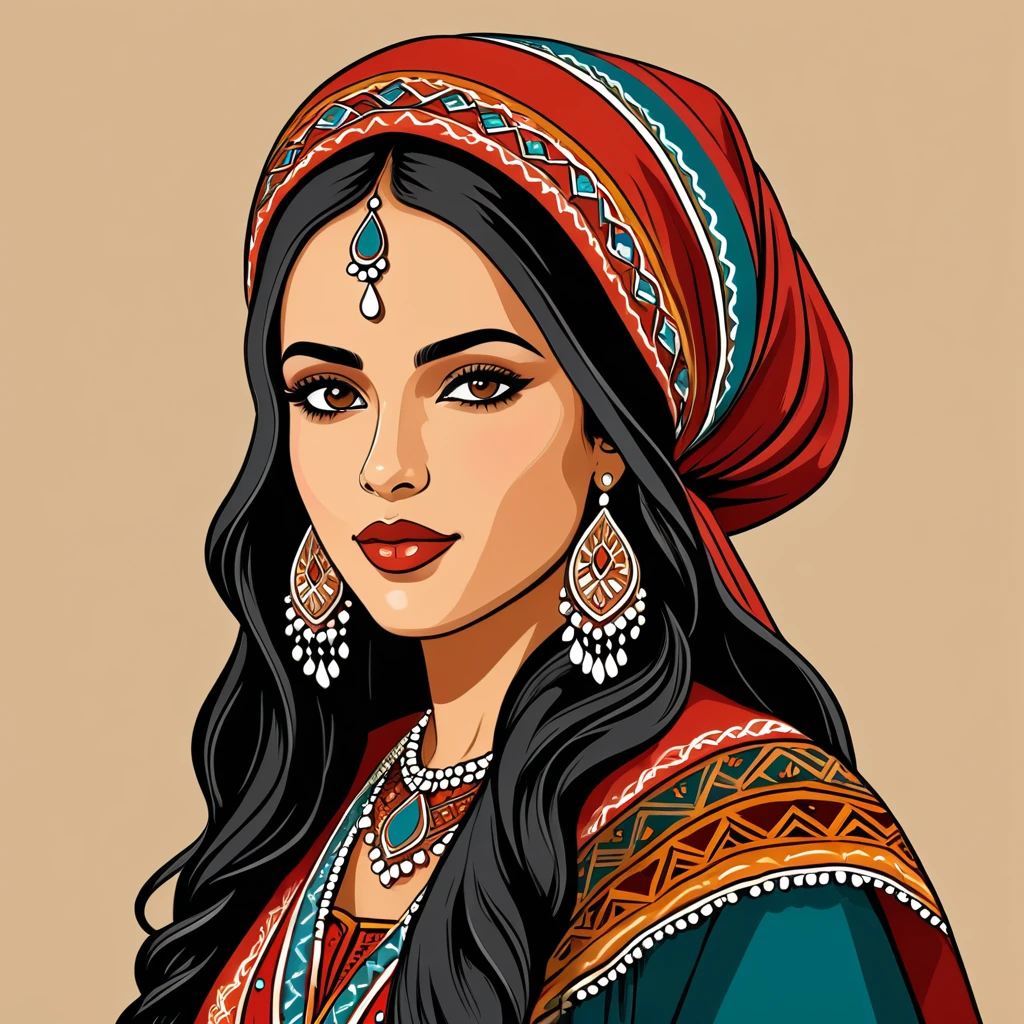 moroccan woman in folk outfit, vector graphics, strong contours