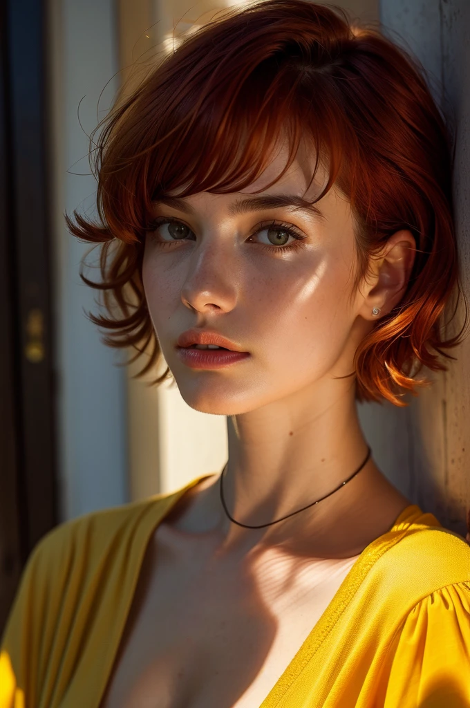 Instagram Photos, French woman, 21 years old, square hair cut,Redhead, Yellow Shirt, Neckline, pale, Sharp Shadow