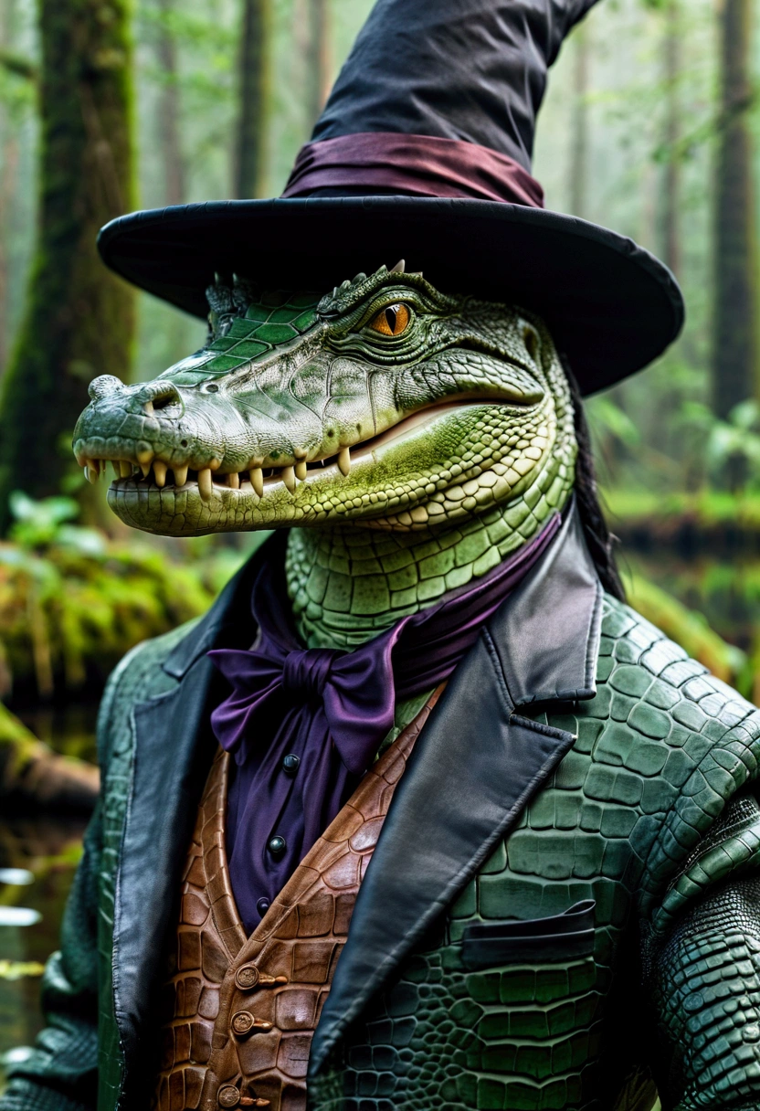 anthropomorphic humanoid crocodile, wearing witch clothes, crocodile face, reptile face, swamp background