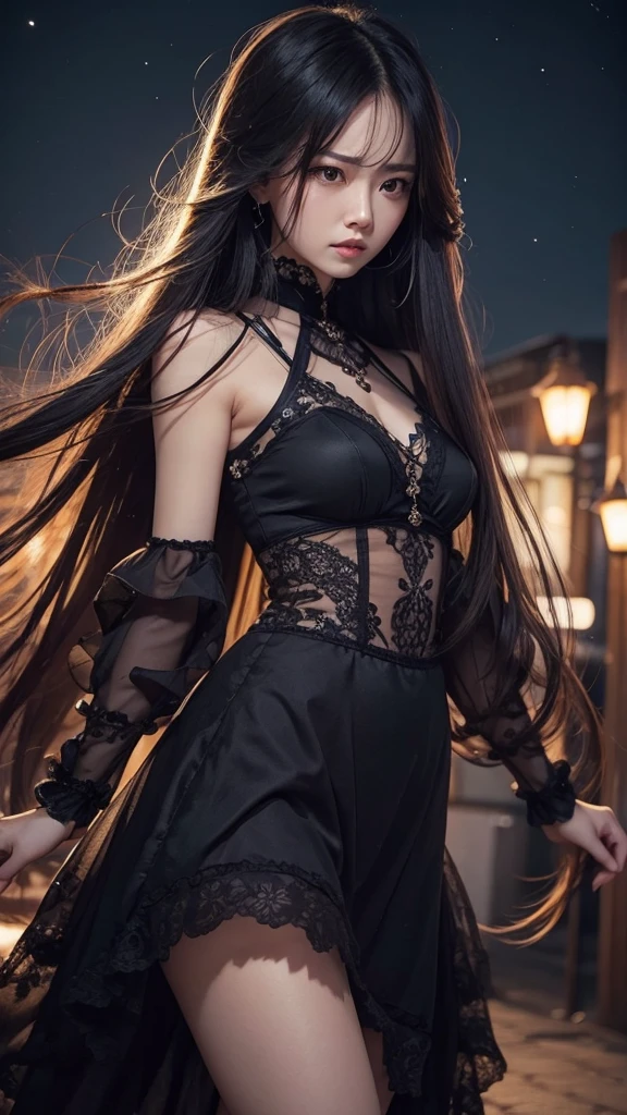 Beautiful woman、Long Hair、A little angry、Night view