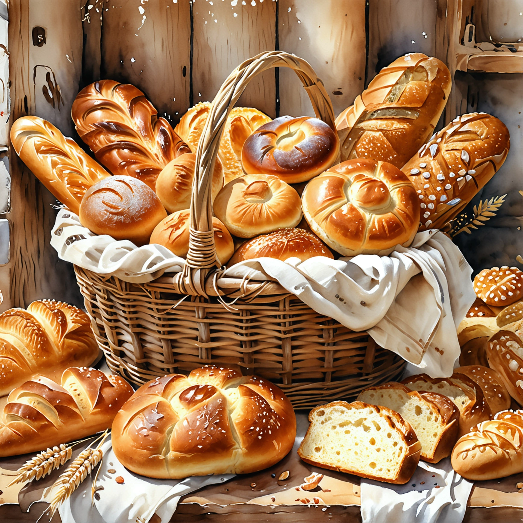 a wooden rattan basket ful of bakery, many type full of bread, cake, illustration, baking ingredients, isolated with solid white background, surrounded with negative space, centered composition, 8k, highest detailed painting, very precise painting, Isolated, clear solid white background, perspective angle of view, cartoon style, ((watercolor:1)), clip art, (lora:add-detail-xl:1), (masterpiece), (best quality),