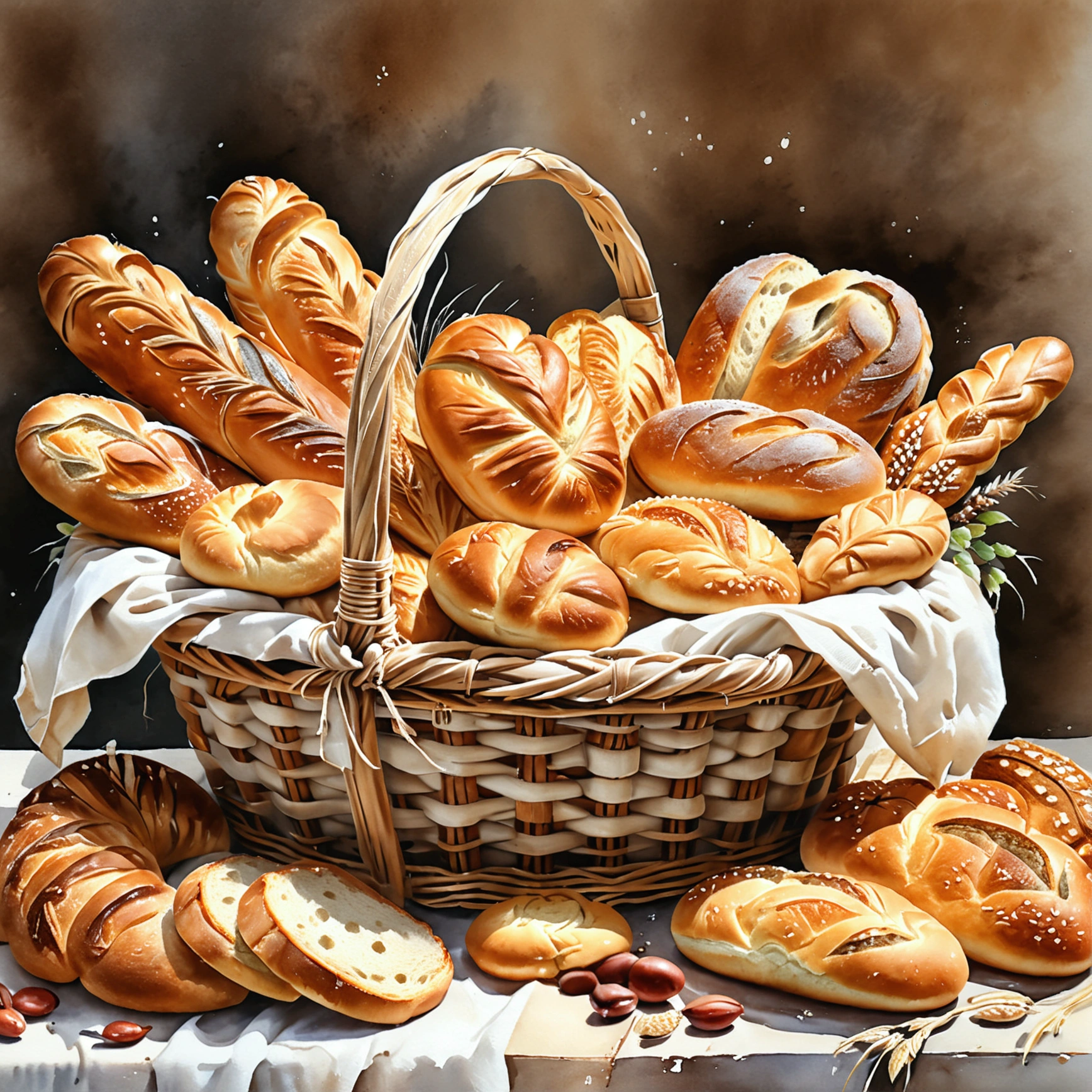 a wooden rattan basket ful of bakery, many type full of bread, cake, illustration, baking ingredients, isolated with solid white background, surrounded with negative space, centered composition, 8k, highest detailed painting, very precise painting, Isolated, clear solid white background, perspective angle of view, cartoon style, ((watercolor:1)), clip art, (lora:add-detail-xl:1), (masterpiece), (best quality),