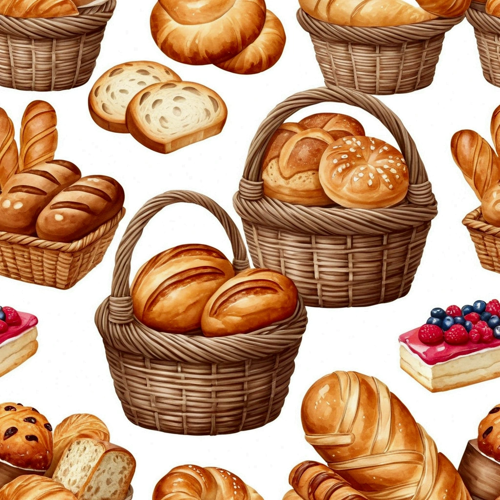 a wooden rattan basket ful of bakery, many type full of bread, cake, illustration, baking ingredients, isolated with solid white background, surrounded with negative space, centered composition, 8k, highest detailed painting, very precise painting, Isolated, clear solid white background, perspective angle of view, cartoon style, ((watercolor:1)), clip art, (lora:add-detail-xl:1), (masterpiece), (best quality),