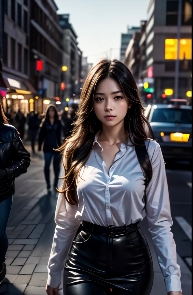 8k Raw Photo:1.5, Realistic:1.5, in the evening, The light is on, Street, transportation, crowd, Ultra high definition, Beautiful woman, A girl with long hair is walking alone, Melancholic expression, Professional Lighting, Light and Dark, Depth of written boundary, 