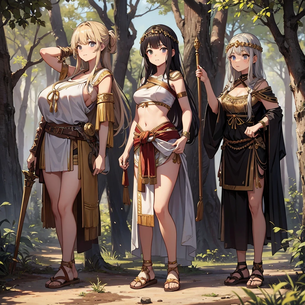 young greek warriors girls in togas , only girls , forest in the background ,four girls, sandals , close to the viewer,, sexy , multiple girls ,exposed belly, curves , black hair , blonde hair , red hair , white hair , light armor , knee pads, elbow pads,