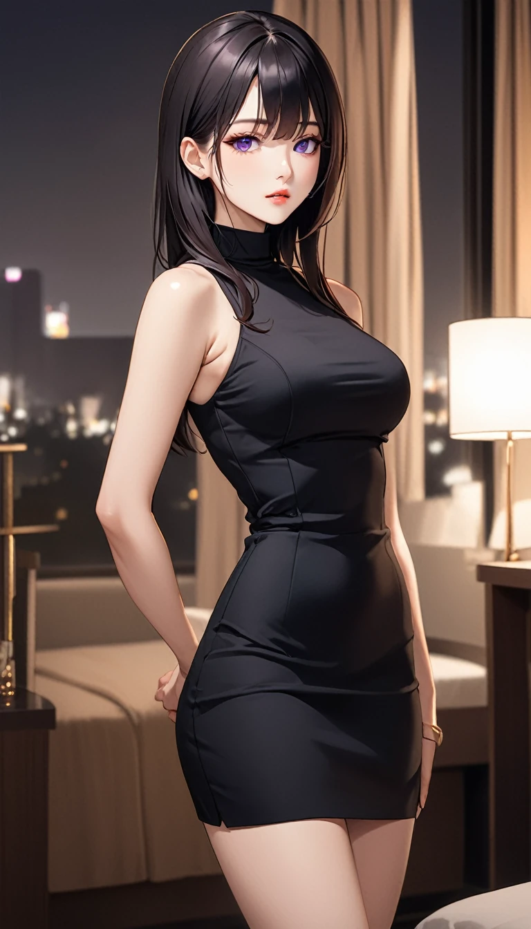 masterpiece, high resolution, beautiful woman, Korean Beauty, 30 years old, black sleeve less turtle neck, mini pencil skirt, beautiful woman, night hotel, looking at me, (high resolution face), (high resolution eyes), black hair, big tits, purple eyes