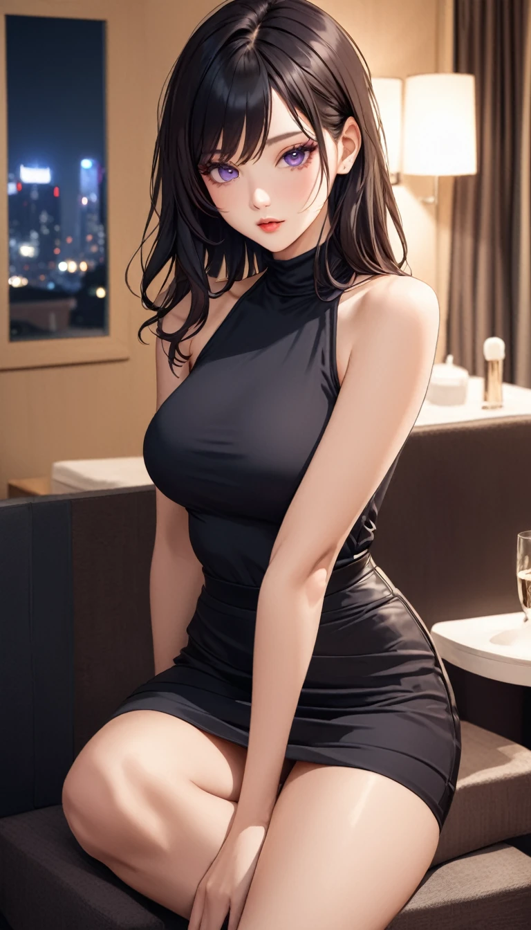 masterpiece, high resolution, beautiful woman, Korean Beauty, 30 years old, black sleeve less turtle neck, mini pencil skirt, beautiful woman, night hotel, looking at me, (high resolution face), (high resolution eyes), black hair, big tits, purple eyes