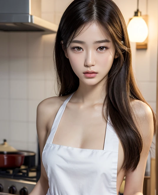 ((best quality)), ((masterpiece:1.3)), (detailed), (Photorealsitic:1.4), (golden ratio face) , (named YUNA_LEE), ((Double Eyelids)), (korean), (Slender girl), 1 girl, korean, kpop, 21 years old, long black straight hair, (symmetrical) (hazel) eyes, pale detailed skin with pores, skinny and athletic boddy, 38B bra size, Slender Abs: 1.2, Narrow waist, Masterpiece, Top Quality, 8k, UHD. (BREAK). Looking at the viewer, close portrait, Bokeh, barechested, (((Naked apron))).