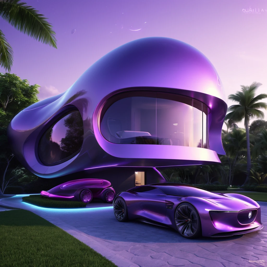 a futuristic house with a car parked in front of it, cgsocietywlop, beautiful curves, purple glow, intricate devilish designs, qualia, interesting shapes & form, wow factor, elaborate polished, architectural rendering, miami, futuristic battlefield, inspired by James E. Brewton, precise architectural rendering