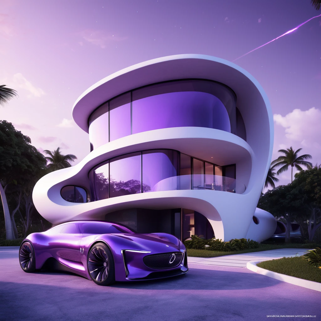 a futuristic house with a car parked in front of it, cgsocietywlop, beautiful curves, purple glow, intricate devilish designs, qualia, interesting shapes & form, wow factor, elaborate polished, architectural rendering, miami, futuristic battlefield, inspired by James E. Brewton, precise architectural rendering