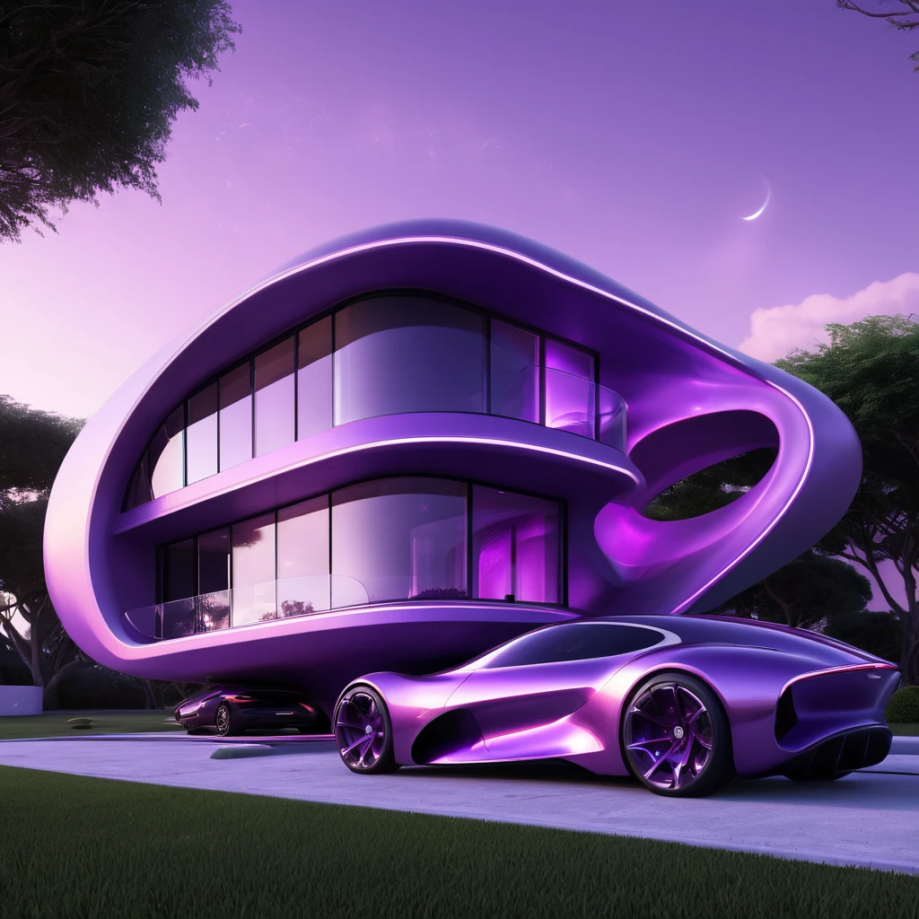 a futuristic house with a car parked in front of it, cgsocietywlop, beautiful curves, purple glow, intricate devilish designs, qualia, interesting shapes & form, wow factor, elaborate polished, architectural rendering, miami, futuristic battlefield, inspired by James E. Brewton, precise architectural rendering