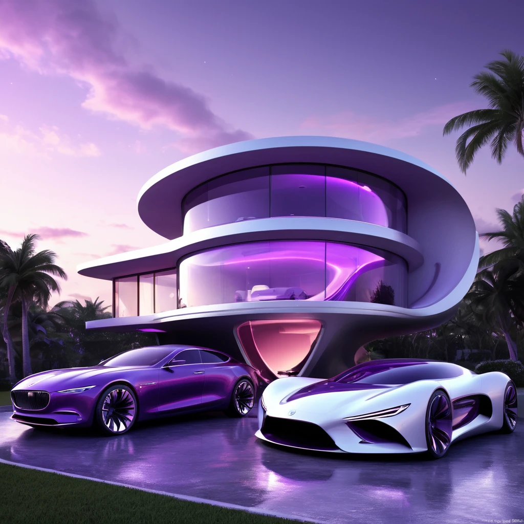 a futuristic house with a car parked in front of it, cgsocietywlop, beautiful curves, purple glow, intricate devilish designs, qualia, interesting shapes & form, wow factor, elaborate polished, architectural rendering, miami, futuristic battlefield, inspired by James E. Brewton, precise architectural rendering