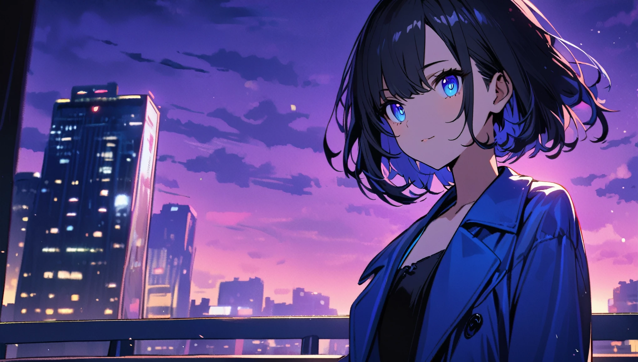 1girl, solo, blue eyes, (detailed eyes), flat chest, blue eyes, (detailed eyes), short hair, black hair, Wallpaper pictures of cool girls : Beautiful modern girl in a blue coat Wear sunglasses Behind is the cityscape in the evening. There are twinkling lights of the city amidst the blue, blue, and purple sky. Cool girls stand on high balconies or bridges. Looking out at the city with a confident and calm expression. The colors of the picture emphasize the dramatic tone.