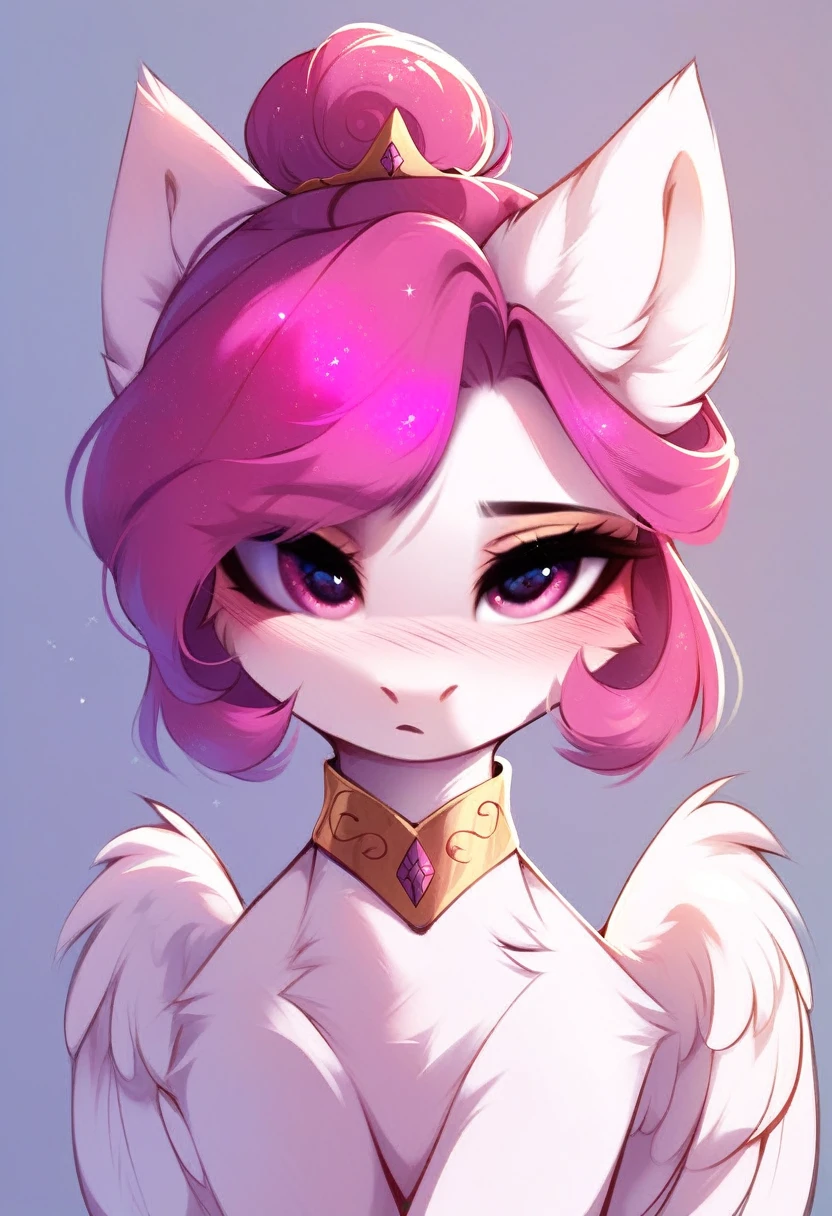 check_9, check_8_up, check_7_up, source_fluffy, rating_safe, from Magnaluna, Celestia poses seductively in a white bedroom, dark pink mane with gold stripes in it, hair bun with bangs, pink eyes, white body, anthro, blushing,