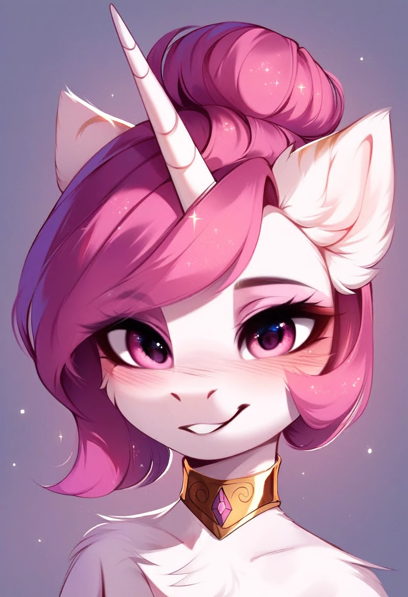 check_9, check_8_up, check_7_up, source_fluffy, rating_safe, from Magnaluna, Celestia poses seductively in a white bedroom, dark pink mane with gold stripes in it, hair bun with bangs, pink eyes, white body, anthro, blushing,