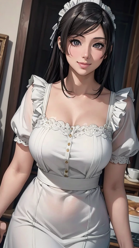 (Highest quality,4K,8K,High resolution,masterpiece:1.2),Super detailed,(Realistic,photoRealistic,photo-Realistic:1.37),Beautiful detailed portrait of an adult woman, Fuller lips, Long eyelashes, Maid clothesを着て, A kind smile, Highly detailed face, Maid clothes, Intricate details, Vibrant colors, Dramatic lighting, Structure of the film, Anime-inspired art style