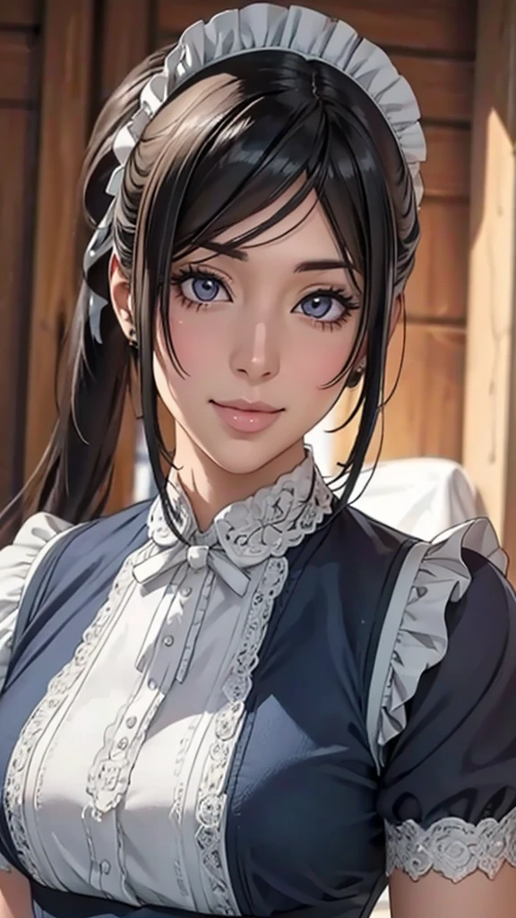 (Highest quality,4K,8K,High resolution,masterpiece:1.2),Super detailed,(Realistic,photoRealistic,photo-Realistic:1.37),Beautiful detailed portrait of an adult woman, Fuller lips, Long eyelashes, Maid clothesを着て, A kind smile, Highly detailed face, Maid clothes, Intricate details, Vibrant colors, Dramatic lighting, Structure of the film, Anime-inspired art style