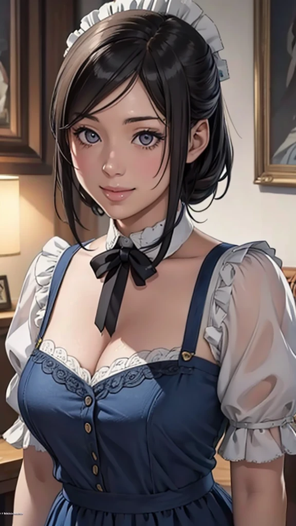 (Highest quality,4K,8K,High resolution,masterpiece:1.2),Super detailed,(Realistic,photoRealistic,photo-Realistic:1.37),Beautiful detailed portrait of an adult woman, Fuller lips, Long eyelashes, Maid clothesを着て, A kind smile, Highly detailed face, Maid clothes, Intricate details, Vibrant colors, Dramatic lighting, Structure of the film, Anime-inspired art style