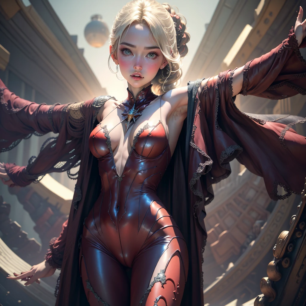 a close up of a woman in a red costume BREAK abstract background,BREAK TPose, outstretched arms.