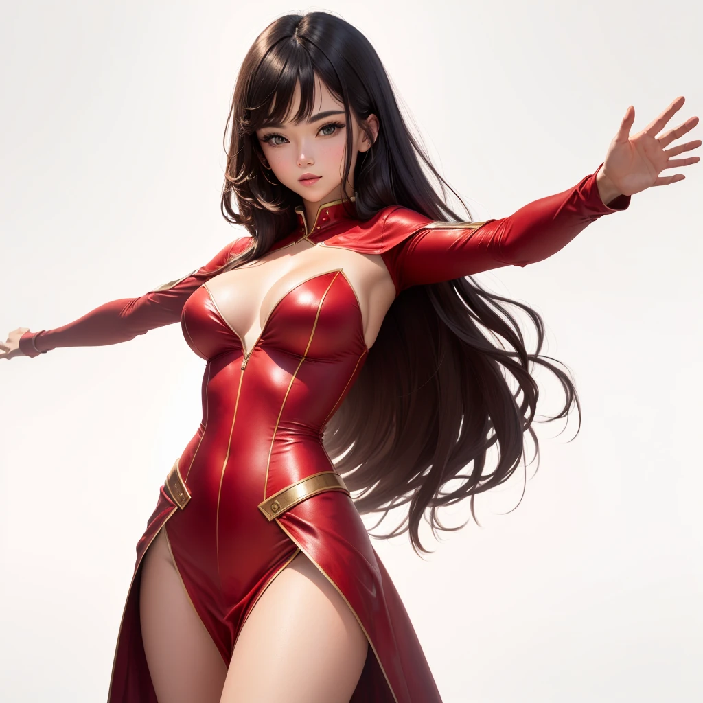 a close up of a woman in a red costume BREAK abstract background,BREAK TPose, outstretched arms.