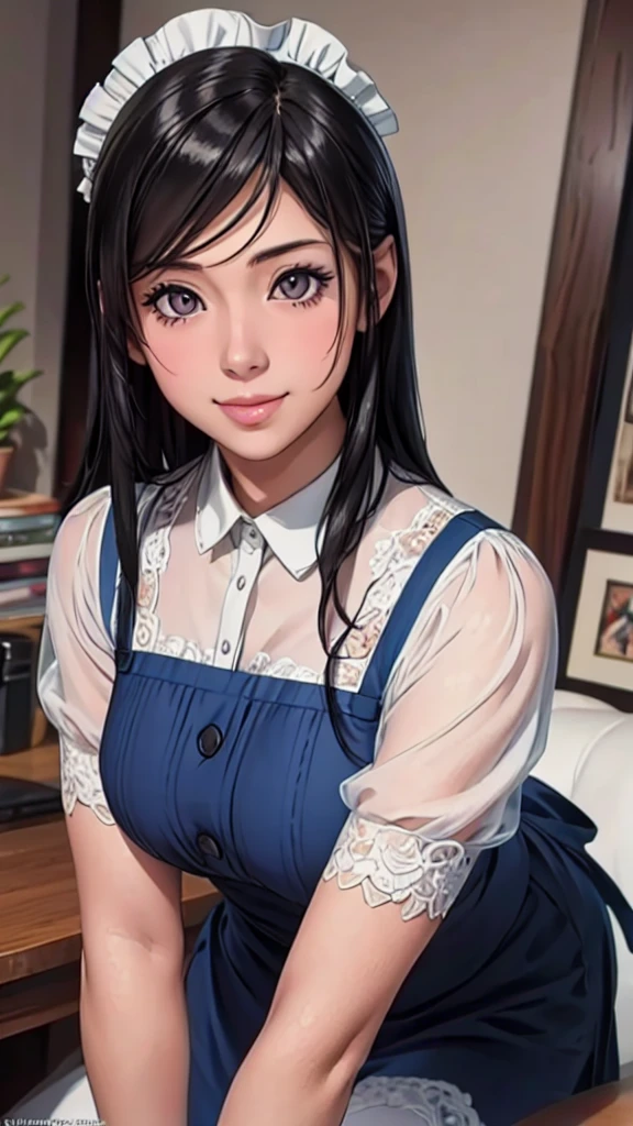 (Highest quality,4K,8K,High resolution,masterpiece:1.2),Super detailed,(Realistic,photoRealistic,photo-Realistic:1.37),Beautiful detailed portrait of a mature woman, Fuller lips, Long eyelashes, Maid clothesを着て, A kind smile, Highly detailed face, Maid clothes, Intricate details, Vibrant colors, Dramatic lighting, Structure of the film, Anime-inspired art style