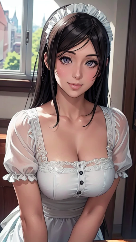 (Highest quality,4K,8K,High resolution,masterpiece:1.2),Super detailed,(Realistic,photoRealistic,photo-Realistic:1.37),Beautiful detailed portrait of a mature woman, Fuller lips, Long eyelashes, Maid clothesを着て, A kind smile, Highly detailed face, Maid clothes, Intricate details, Vibrant colors, Dramatic lighting, Structure of the film, Anime-inspired art style